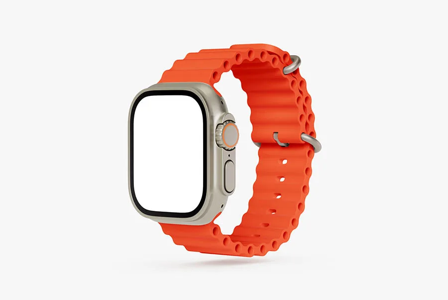 Silver Apple Watch Ultra with a blank white screen and bright orange band, shown at a three-quarter angle on a white background.