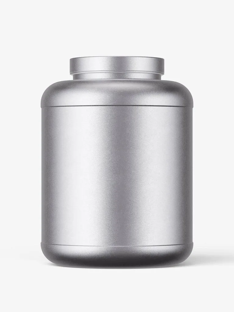 A broad silver-colored cylindrical nutrition jar with rounded shoulders and a screw lid.