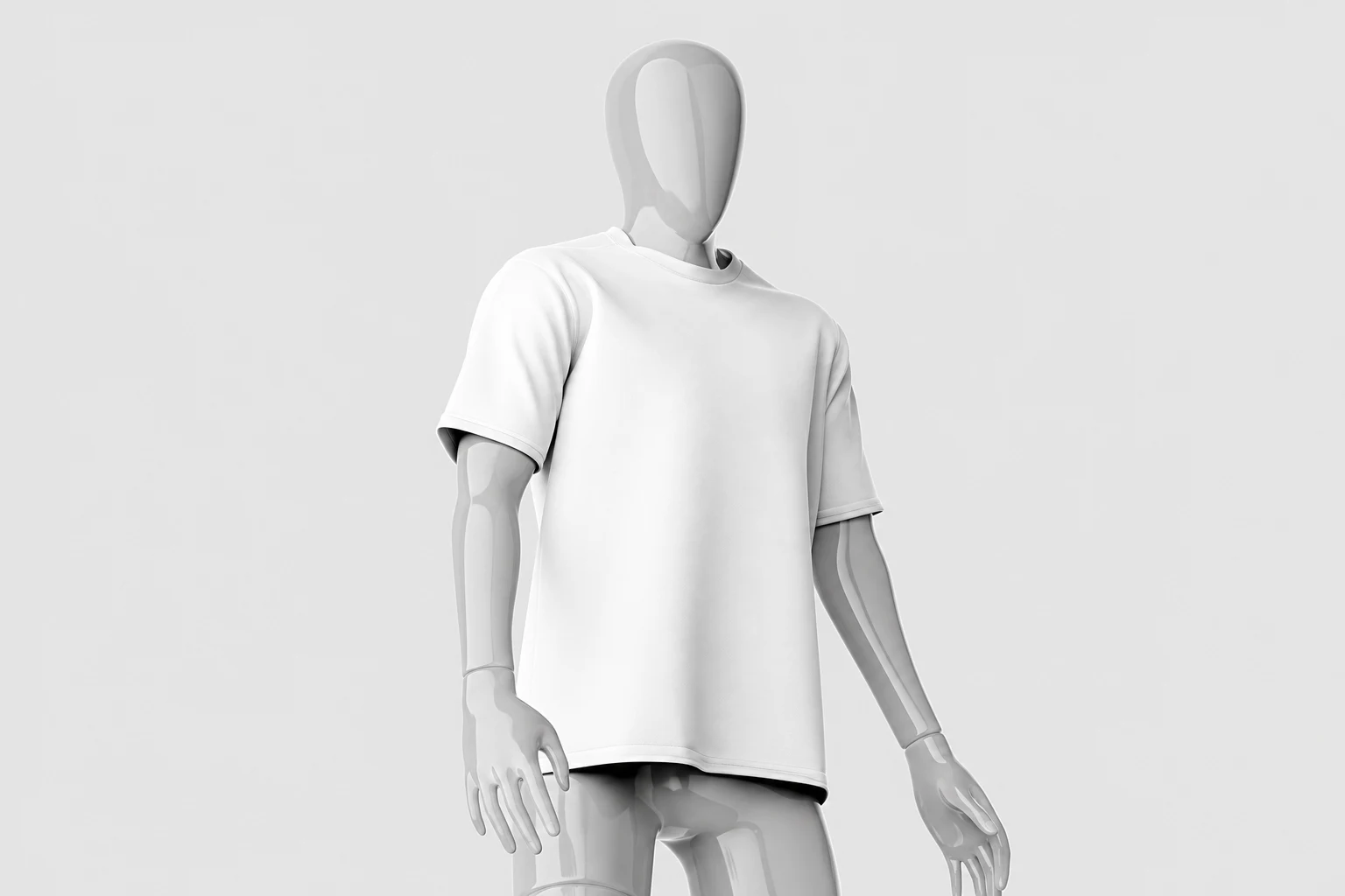 Plain white short-sleeve T-shirt on a featureless mannequin against a light gray background.