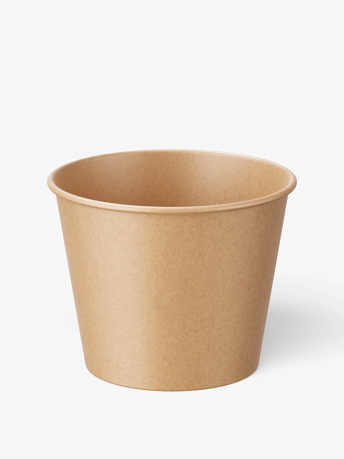 Unprinted open kraft-paper food bucket viewed from slightly above against a light-gray background.