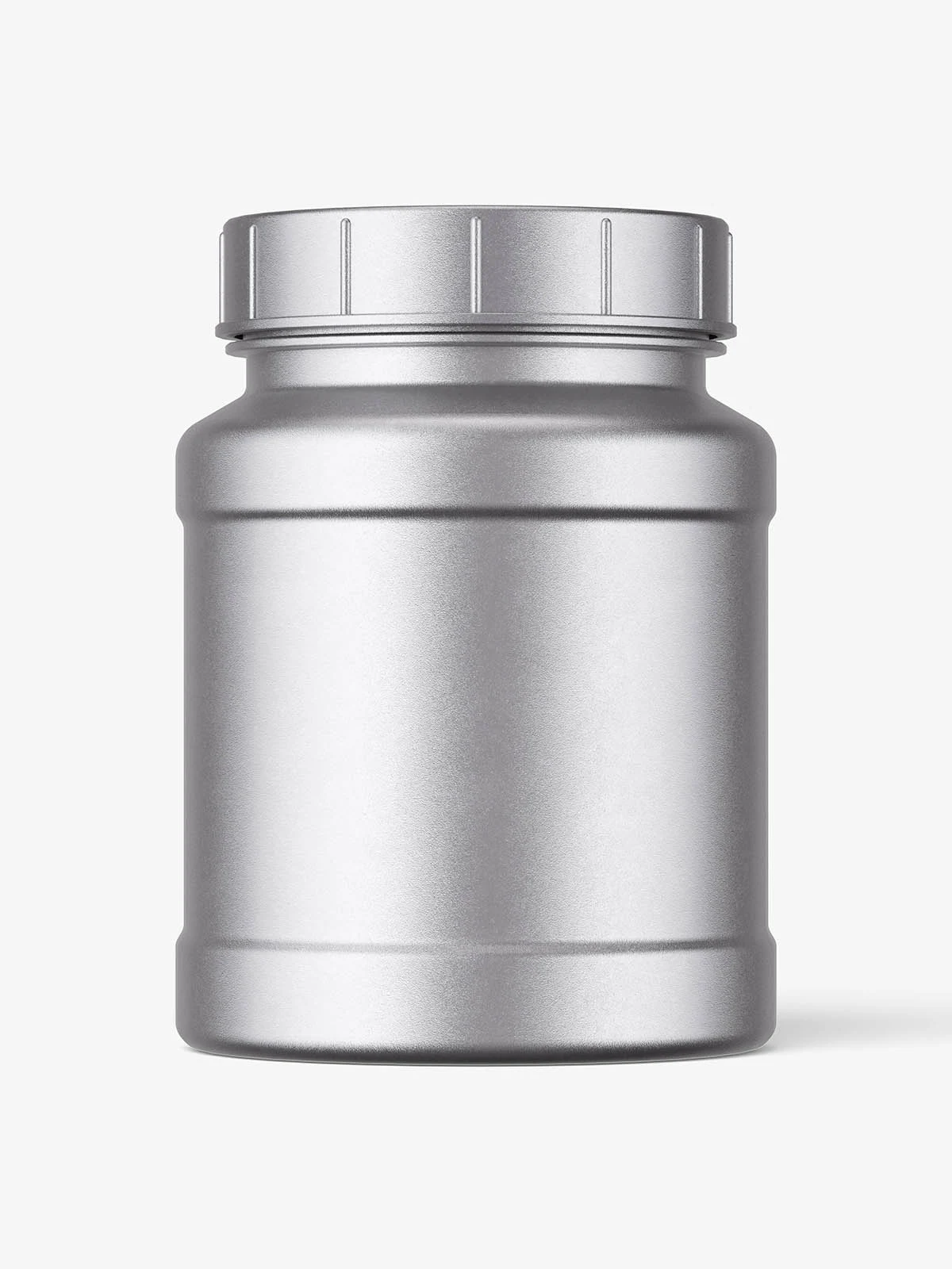 Unprinted silver cylindrical nutrition jar with a ridged screw cap, shown upright against a light-gray background.
