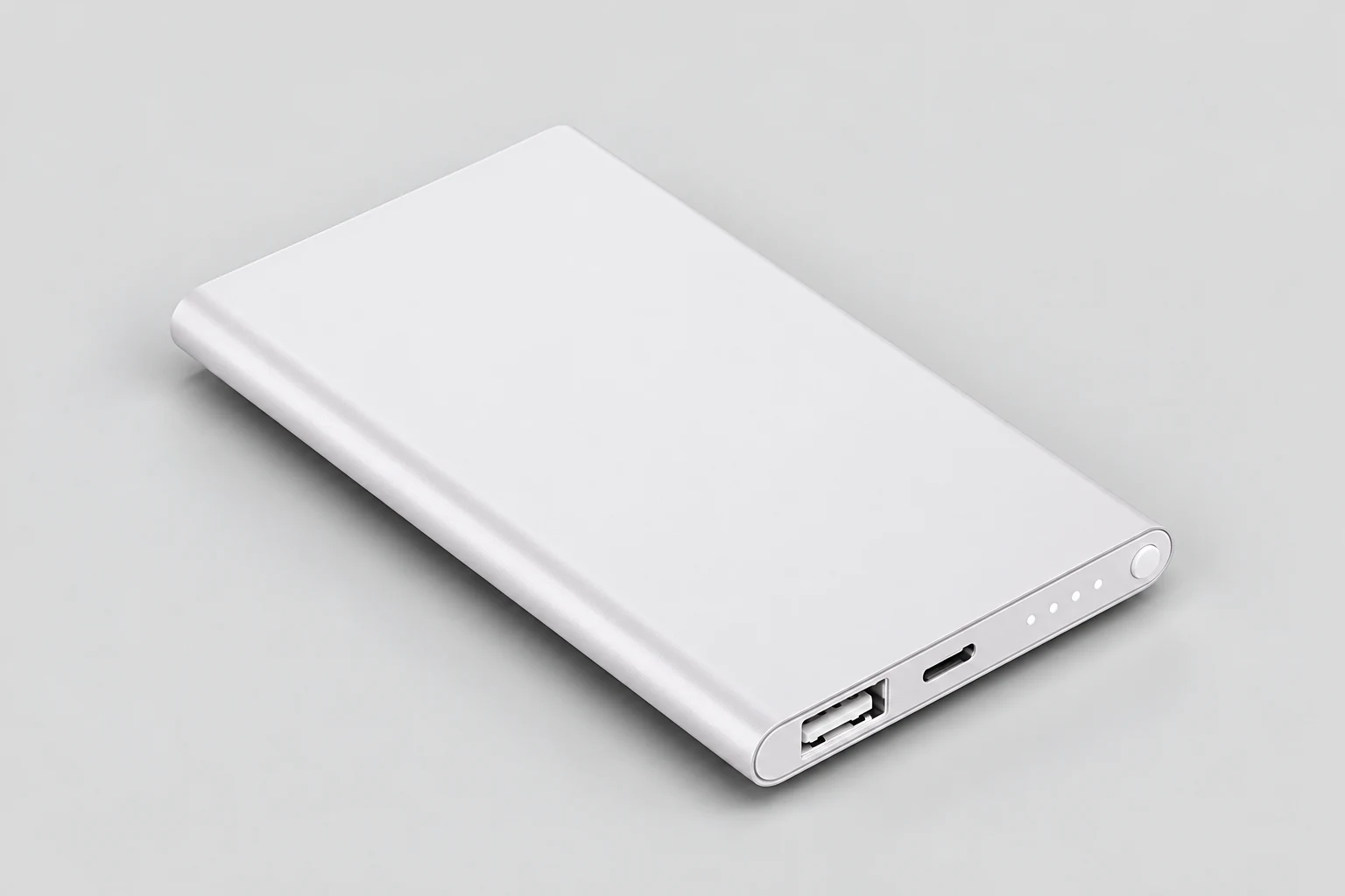 White power bank viewed from above at an angle, showing its USB and charging ports on a pale gray background.