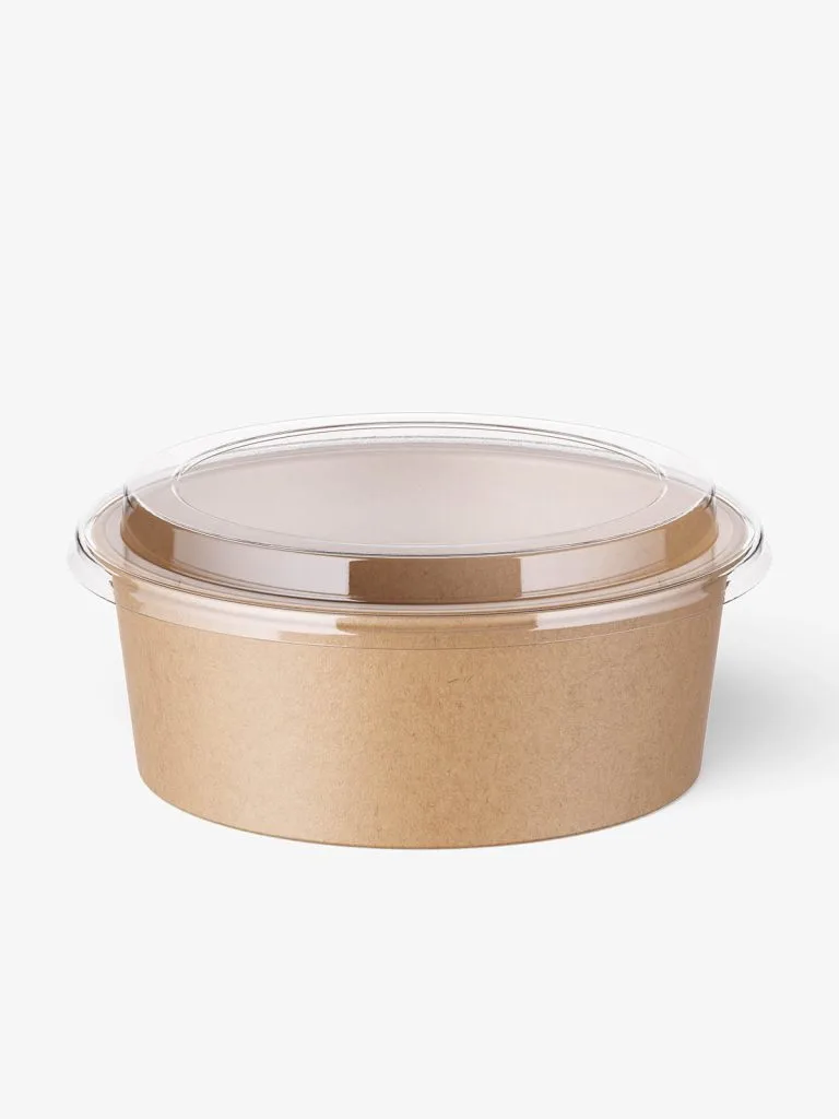 A round brown kraft food container with a light lid, seen from slightly above.