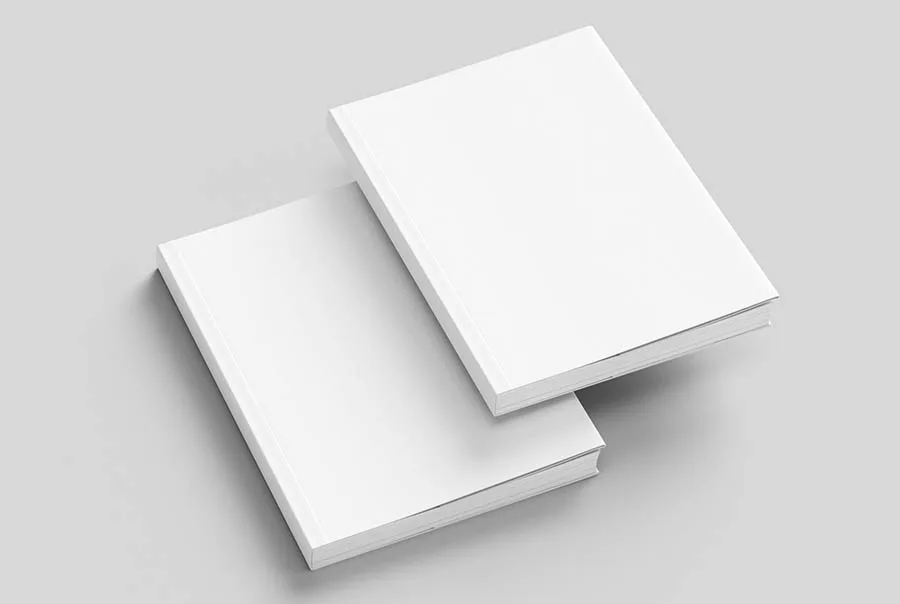 Two plain white softcover books overlap diagonally on a light gray background, viewed from above at an angle.