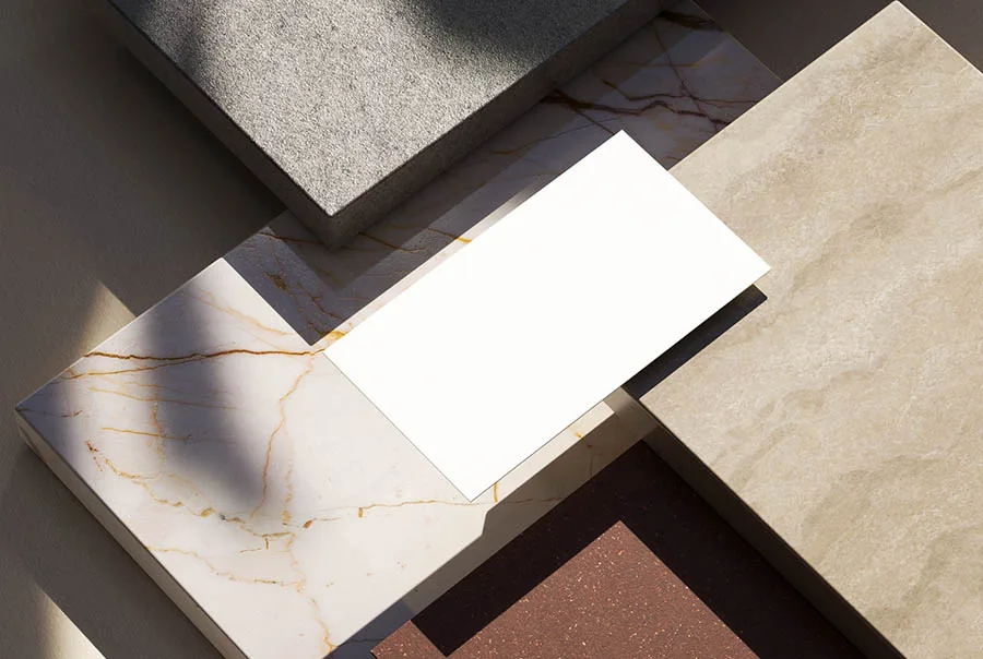 Blank white business card placed diagonally over layered marble and stone samples.