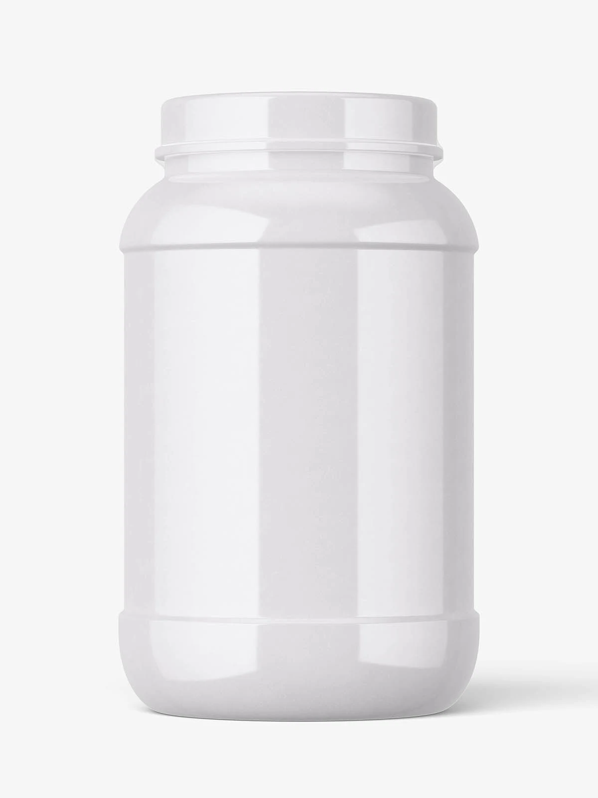 White wide-mouth nutrition jar with a blank front label, shown upright against a pale gray background.