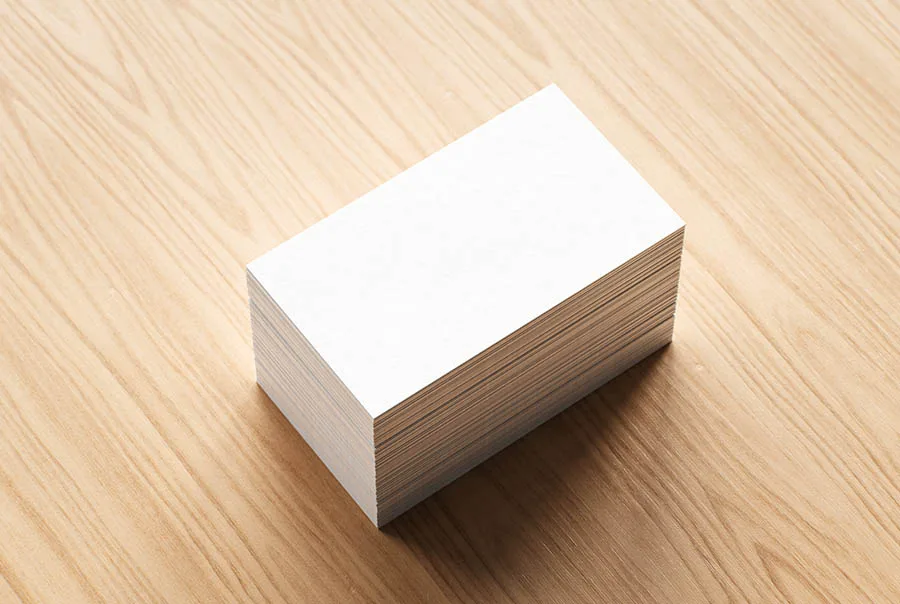 Blank white business cards stacked at an angle on a pale wood-grain surface
